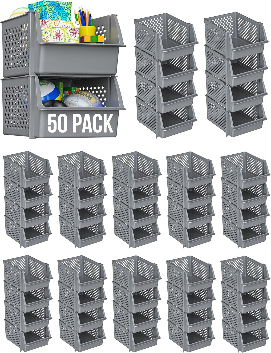 Skywin Plastic Stackable Storage Bins for Pantry - Stackable Bins for Organizing Food, Kitchen, and Bathroom Essentials (Grey - 50 Pack)