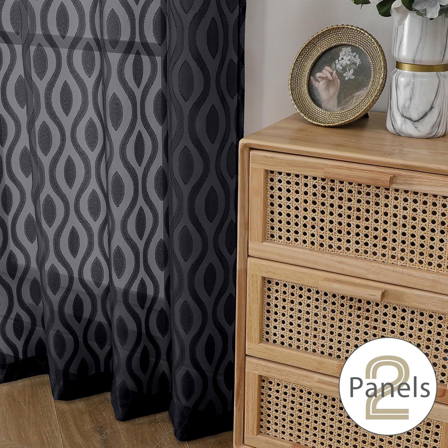 Aiyufeng Black Sheer Curtains Tiers 36 Inch Length 2 Panels Set, Airy Lightweight Clip Jacquard Small Window Curtains, Modern Wavy Line Textured Voile Sheer Curtains for Small Windows, 40"Wx36"L Inch