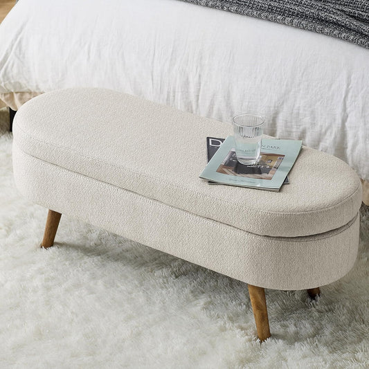 Furnimart 43.5" Queen Size Storage Bedroom Bench for End of Bed, Faux Linen Upholstered Storage Ottoman with Solid Wood Leg for Bedroom,Living Room, Entryway, Beige