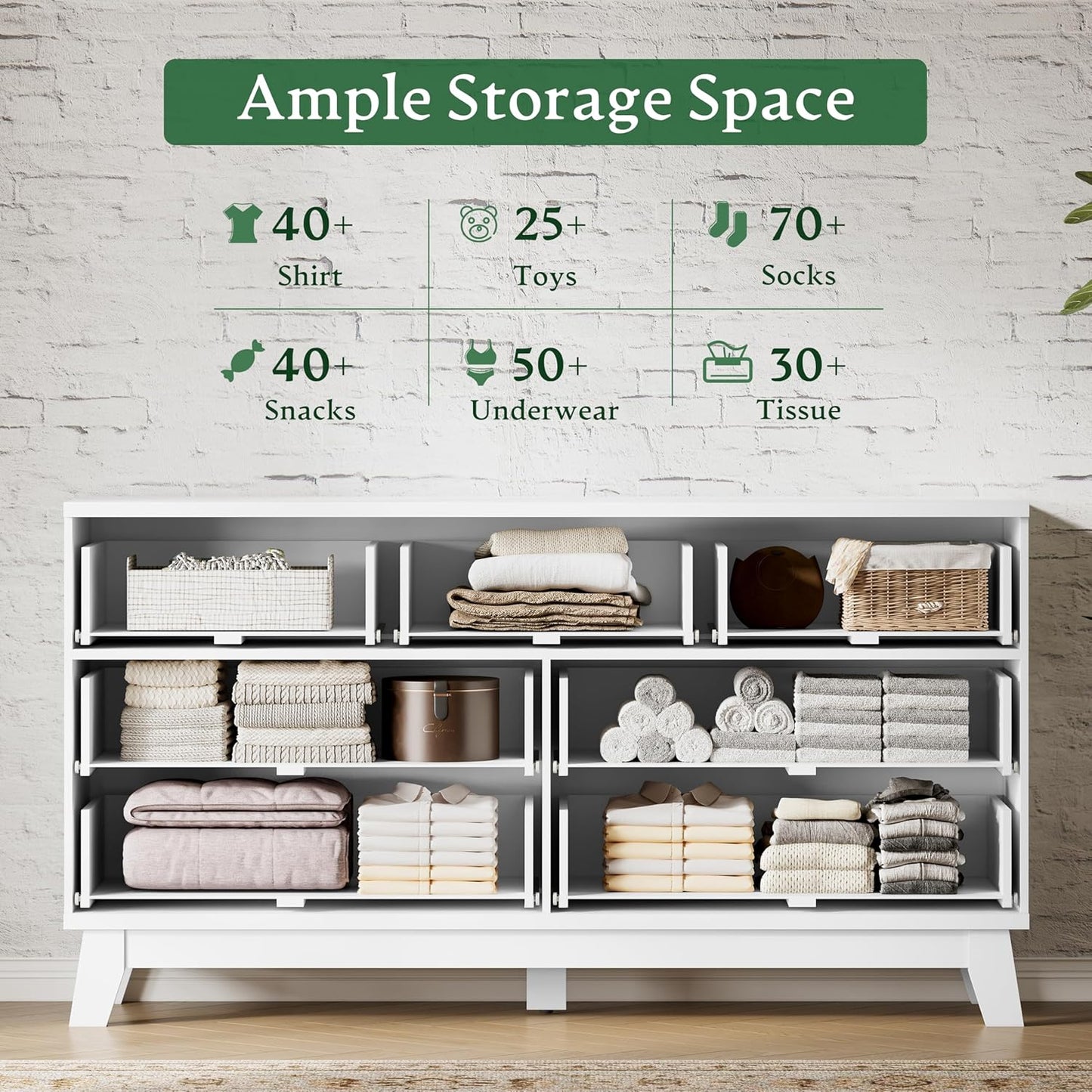 Fluted Dresser with 7 Drawers, 58" Wide Modern Chest of Drawers with Metal Handle, Wooden Dresser TV Stand, Wood Closet Clothes Storage Organizer for Bedroom, Living Room, Hallway, Solid White