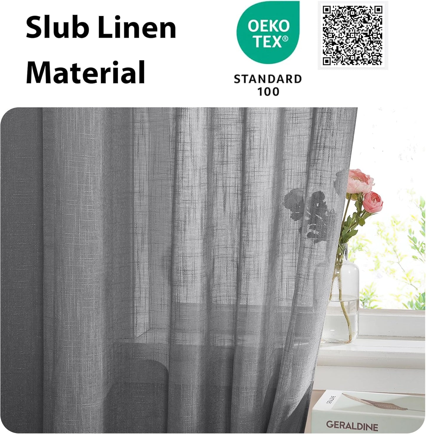 NICETOWN Flax Linen Sheer Door Curtains Privacy French Curtain Light Filgtering Tricia Window Curtain for Patio Sidelight Glass Door, 36 x 72 inches, 1 Panel, Dark Grey