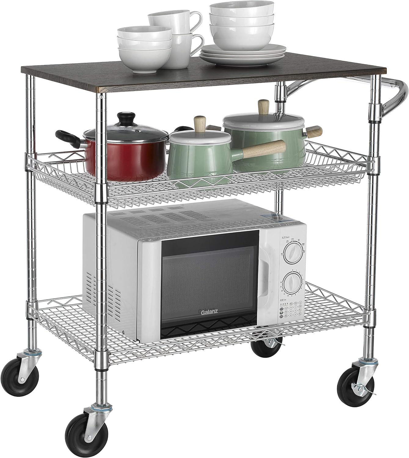 Finnhomy 3 Tier Heavy Duty Commercial Grade Utility Cart with Wood Top, Wire Rolling Cart with Handle Bar, Steel Service Cart with Wheels, Utility Shelf Food Storage Trolley, NSF Listed