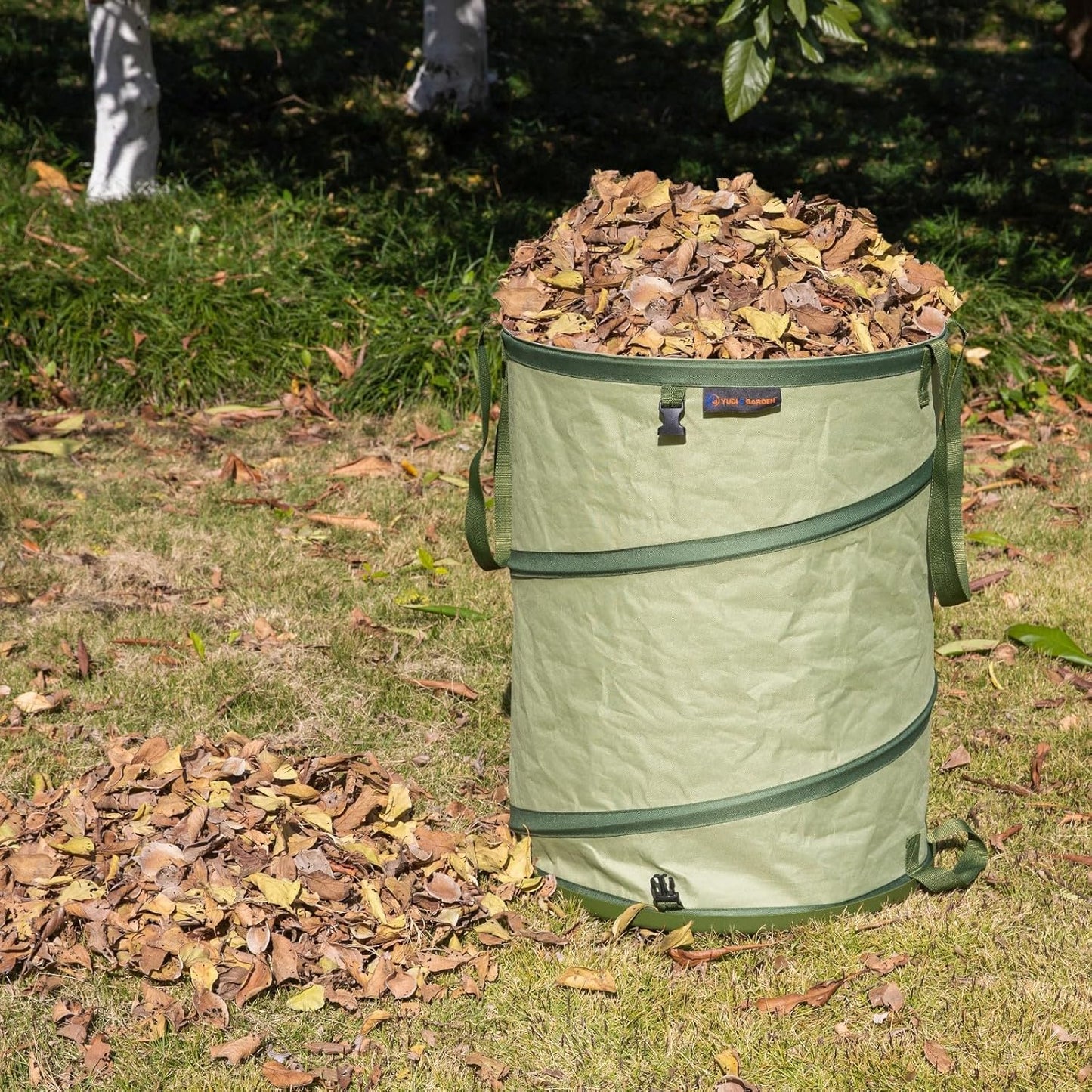 YUDI & GARDEN 29 Gallon Hard Bottom Collapsible Trash Can｜Collapsible Garden Bag｜Camping Trash Can, Green 2-Pack for Collecting Weeds or Yard and Party Waste