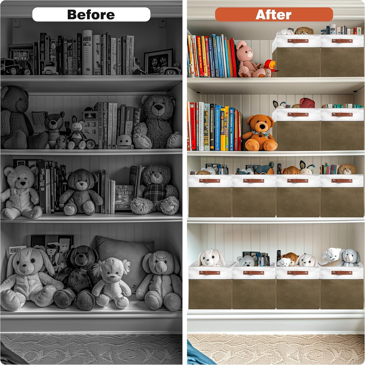 11in Open Fabric Storage Basket with Leather Handles for Organizing, Collapsible Linen Closet Bins for Shelves, Closets, Laundry, Decorative Basket for Gifts. (White＆Brown, 3PCS/11x11in)