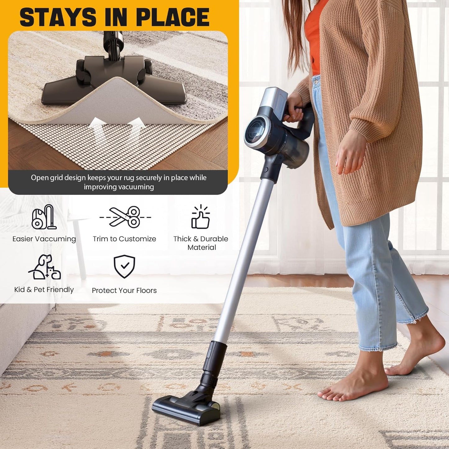 Non-Slip Rug Pad Gripper 9x12 Feet, Anti Skid Mat for Under Area Rugs, Keeps Rugs in Position and Safe, Thick Cushioned Carpet Pad for Hardwood Floors Protection