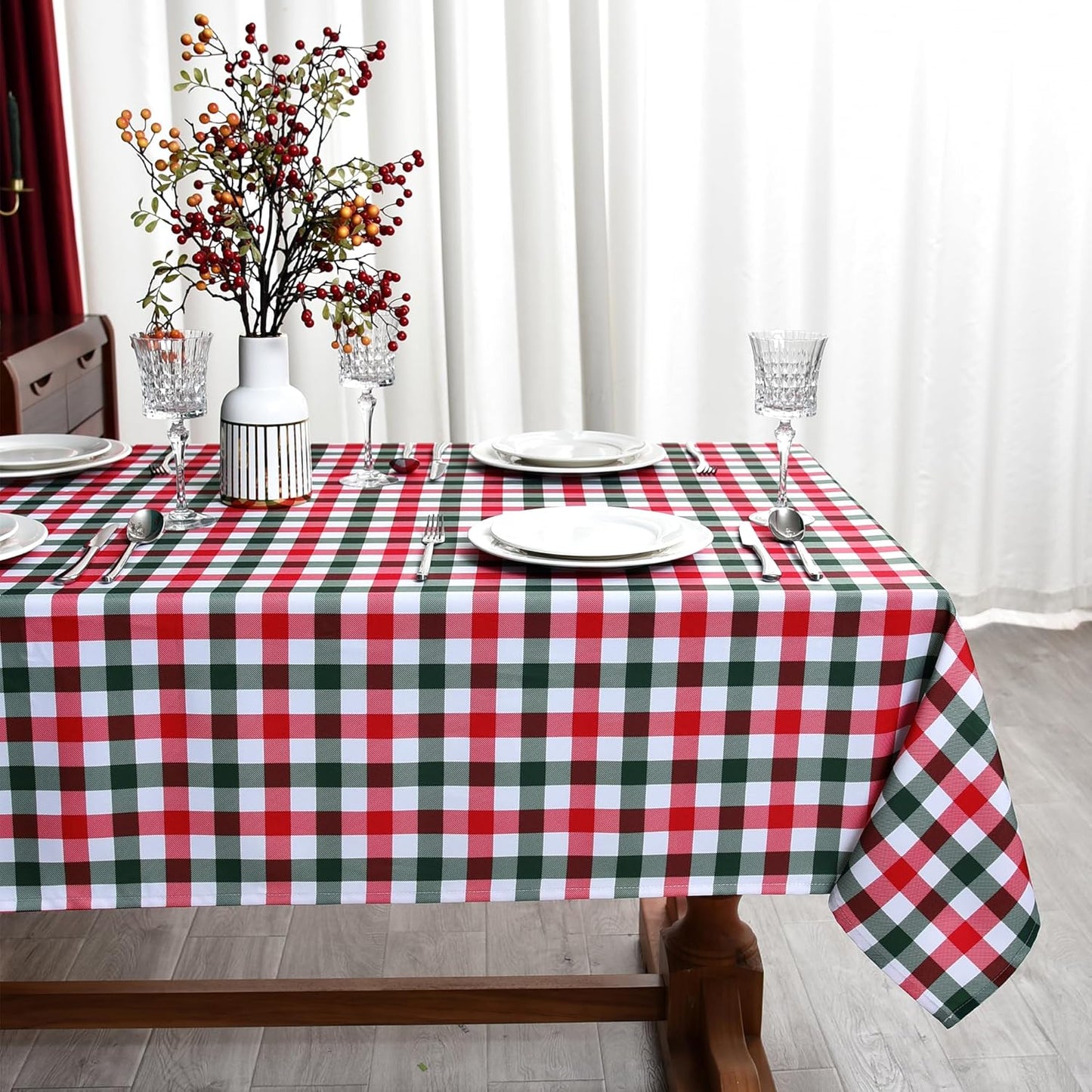 Red Gingham Christmas Plaid Tablecloth - Rectangular 58x102 Inch Water Resistant Table Cloth for Indoor/Outdoor Use - Holiday Table Cover for Kitchen, Picnics, and Parties