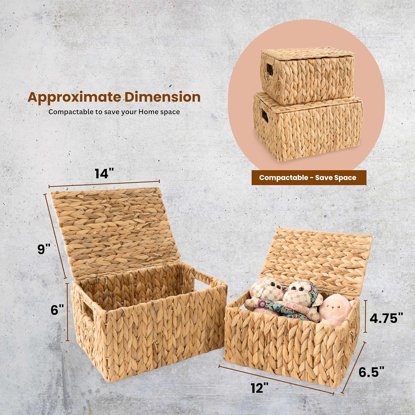 Wicker Storage Baskets with Lid, Set 2 Basket With Lid Decorative Storage Rectangle Wicker Storage Basket With Lid Large Rattan Storage Box Hyacinth Baskets