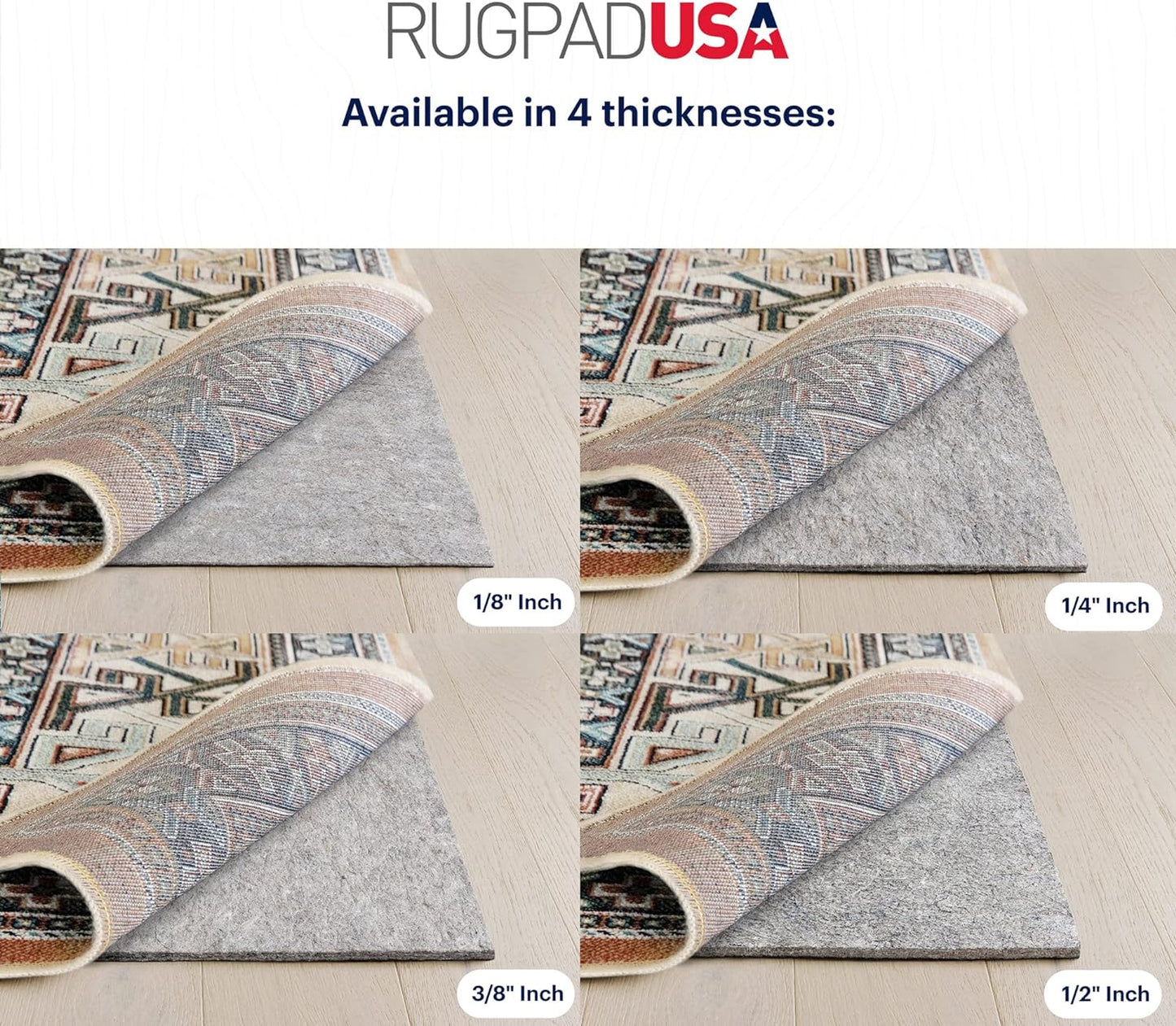 RUGPADUSA - Dual Surface - 4' Square - 3/8" Thick - Felt + Rubber - Enhanced Non-Slip Rug Pad - Adds Comfort and Protection - for Hard Surface Floors
