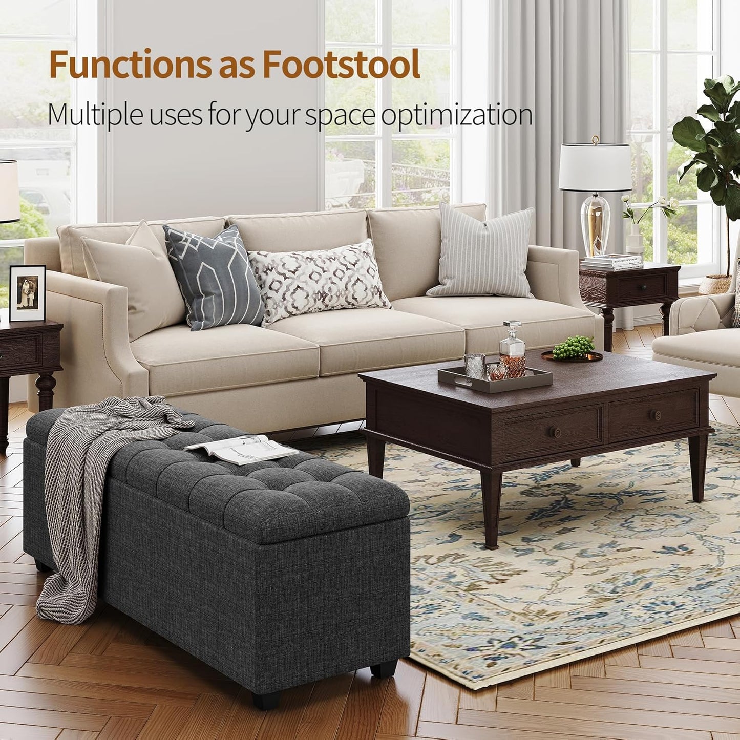 Ottoman with Storage 38 inches, Furniture End of Bed Storage Benches, Long Ottomans Bench with hinged lid, Bench seat Trunk for Foot Rest in Bedroom, Living Room (Dark Grey)