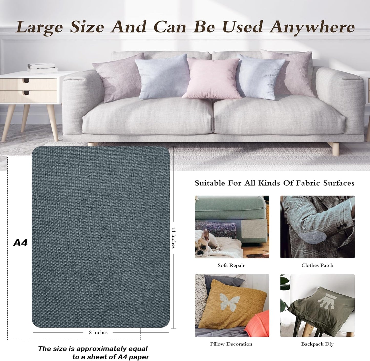 KING MOUNTAIN Coarse Linen Repair Patches, Self-Adhesive Linen Fabric Patches, 8X11 inch, Multi Color, Can be Used for Linen Sofa Repair and Linen Clothes Repair(8" x 11",Blue Dark Grey)