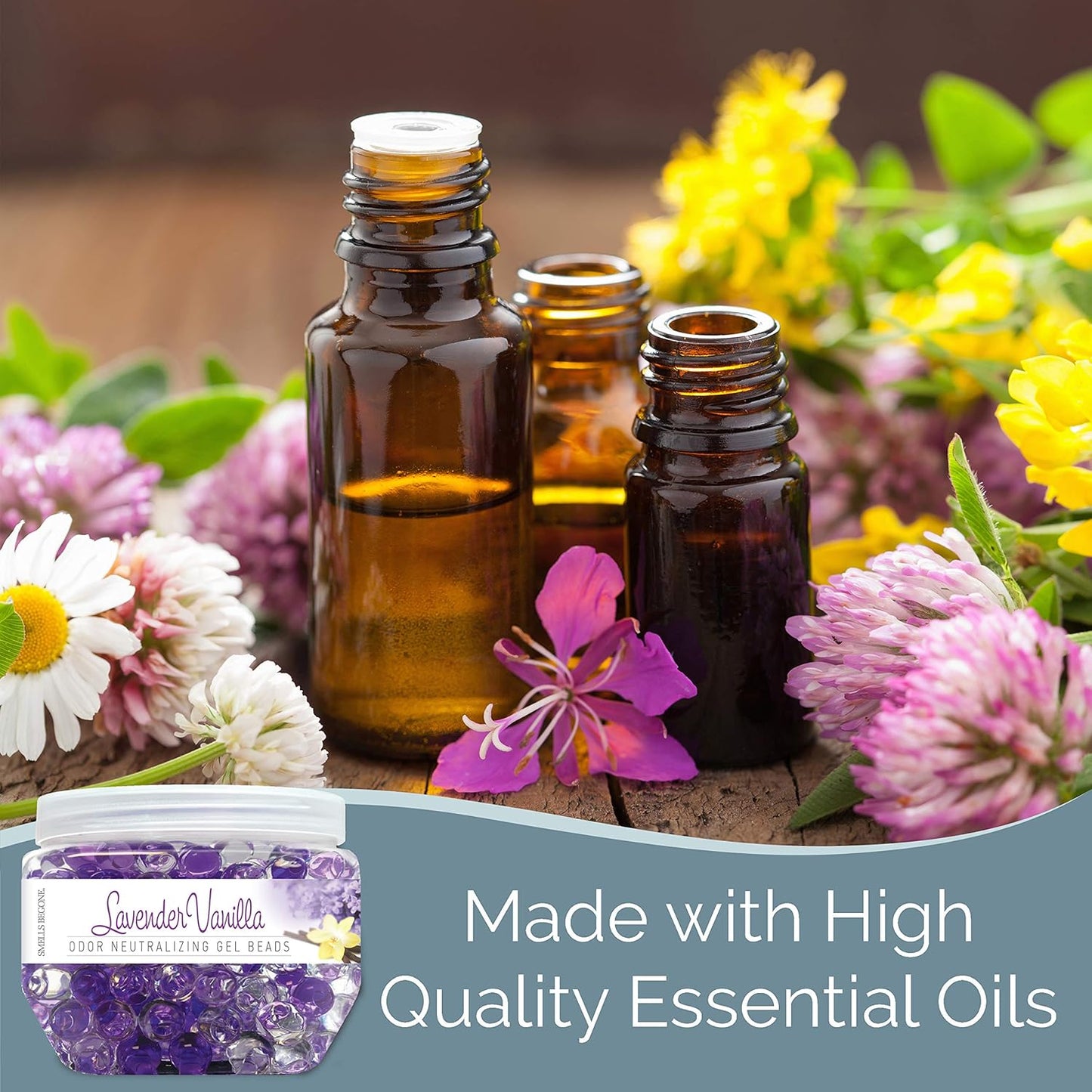 SMELLS BEGONE Odor Eliminator Gel Beads - 12 oz, Pack of 2 - Eliminates Odor in Bathrooms, Cars, Boats, RVs & Pet Areas - Air Freshener - Made with Essential Oils - Lavender Vanilla Scent