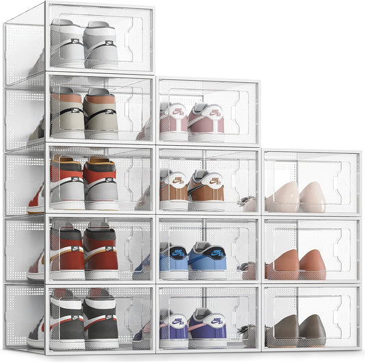 SEE SRPING XX-Large Shoe Storage Box Fit Size 14, Clear Plastic Stackable Shoe Organizer for Closet, Shoe Rack Sneaker Containers Bins Holders, Drawer Organize Unit, 12 Pack Clear
