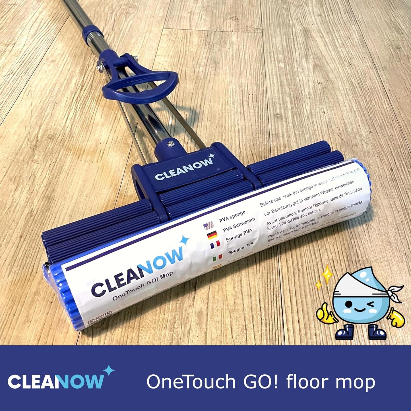 OneTouch GO! Floor Cleaner, Wring Mop, Cleaning Tool with Wringing Function - Sponge mop for Cleaning Floors- with PVA Sponge and Stainless Steel mop Handle