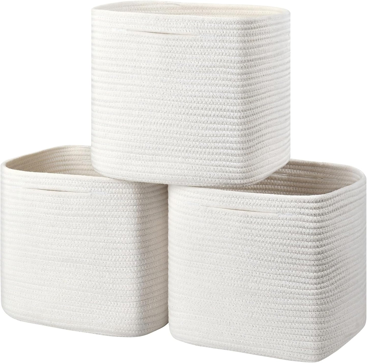 3 Pack Storage Cubes 11 Inch Cotton Rope Woven Baskets for Organizing Cube Bin Square Shelves Organizer,Classroom,Kids Toy Bins,Closet,Baby Nursery(Creamy White)