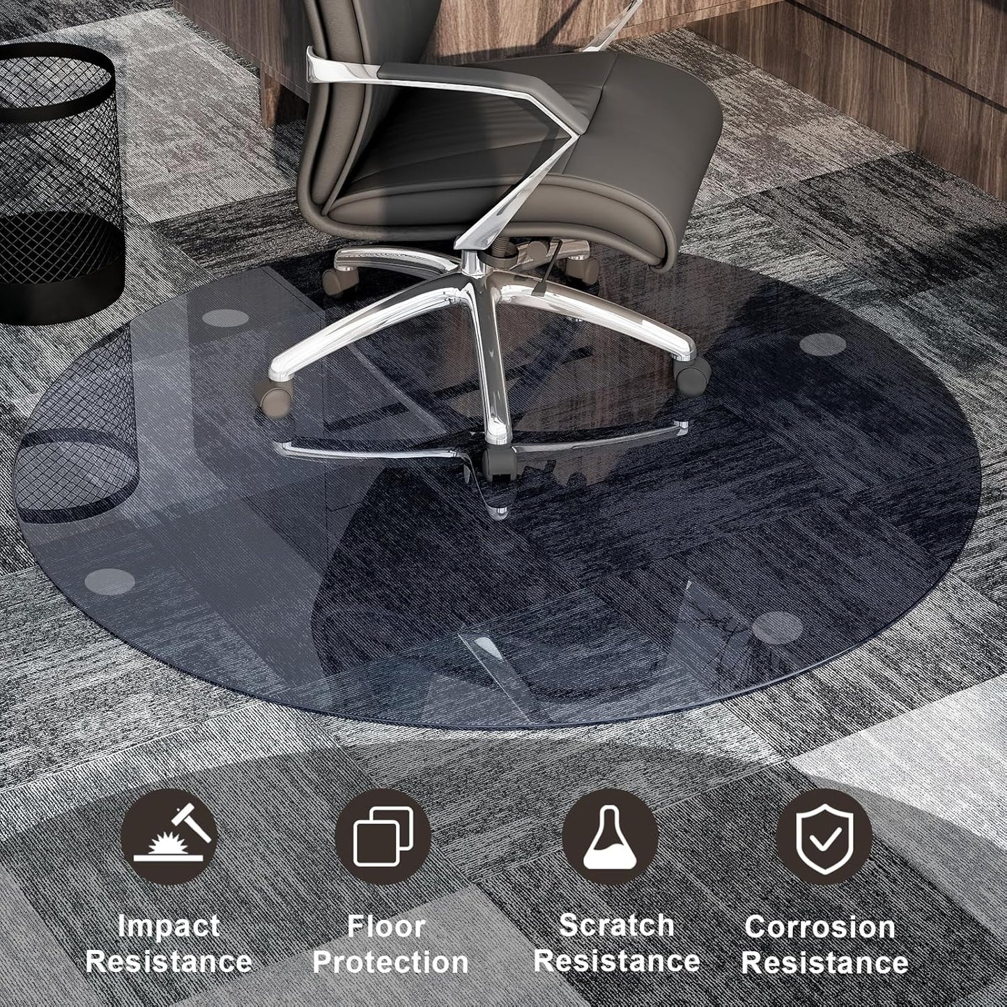 GLSLAND Round Tempered Glass Floor Mat - 55" Office Chair Mat for Carpet Blue & Gray Clear Glass Mat 1/5" Thick for Hardwood Floor/Carpeted Floors