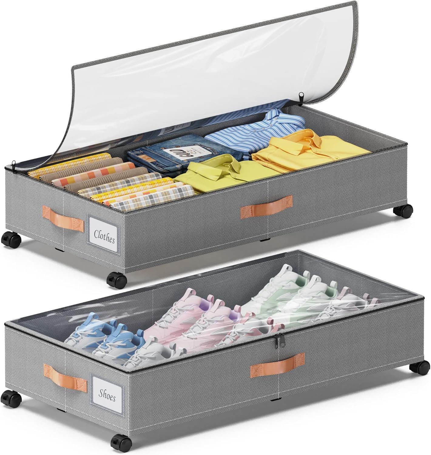 Under Bed Storage with Wheels, 2-Pack Under Bed Storage Containers with Clear Lids, XXL 65L Under the bed storage Organizer Bins, Rolling Under Bed Metal Drawer for Clothes,Shoes,Toys (Gray, 2-Pack)