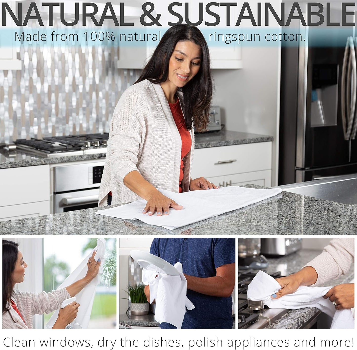 Aunti Em's Kitchen Flour Sack Dish Towels - Natural Cotton for Embroidery and Drying Glass, Hand, Dinnerware - Plain, Thick, Zero-Lint, Highly Absorbent - Set of 12, 27 x 27 Inch, Sage Green