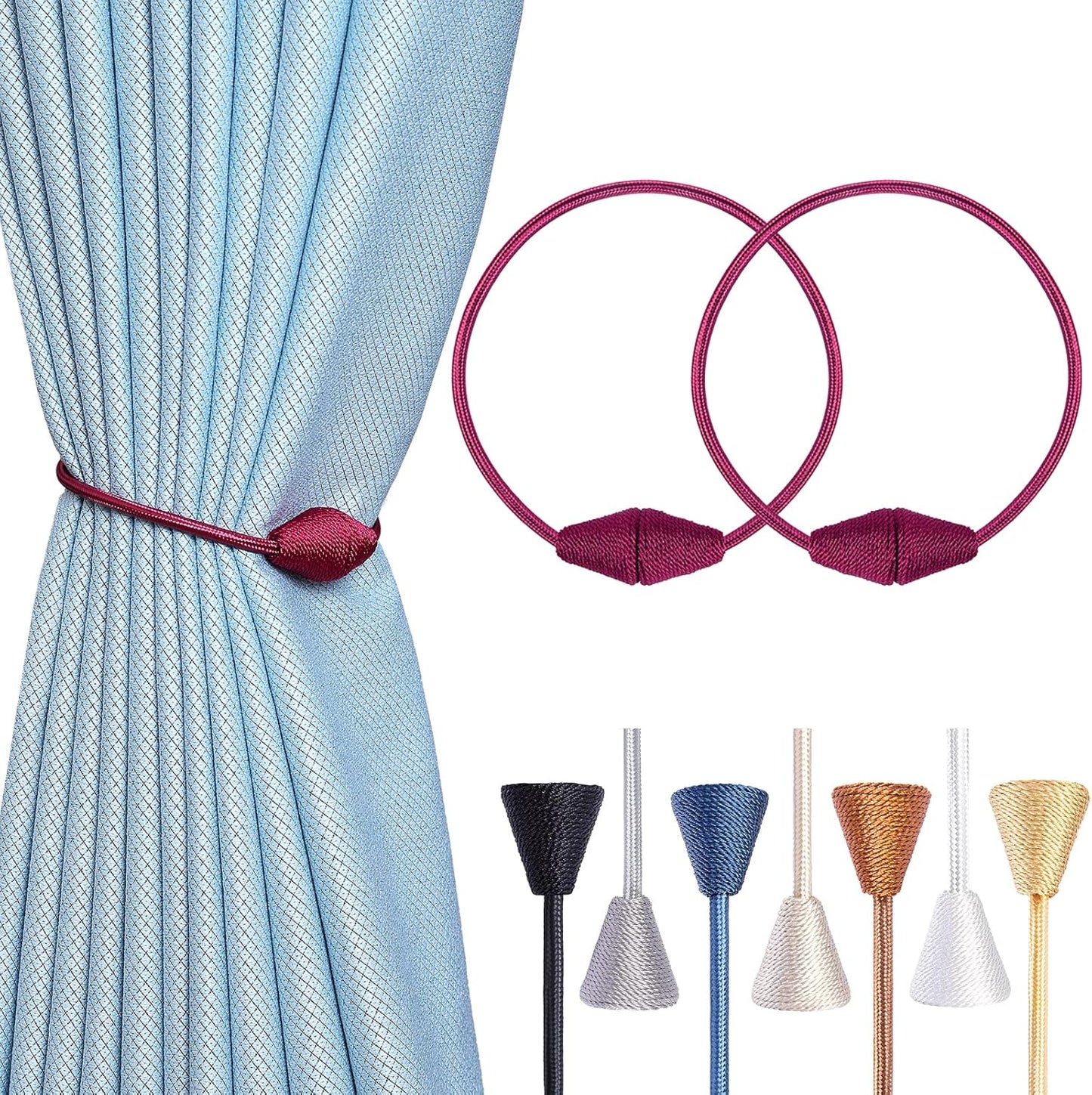 2 PCS Magnetic Curtain Tiebacks, European Style Convenient Drape Tie Backs Holdbacks for Thin or Thick Home & Office Window Draperies, No Tools Required-Burgundy