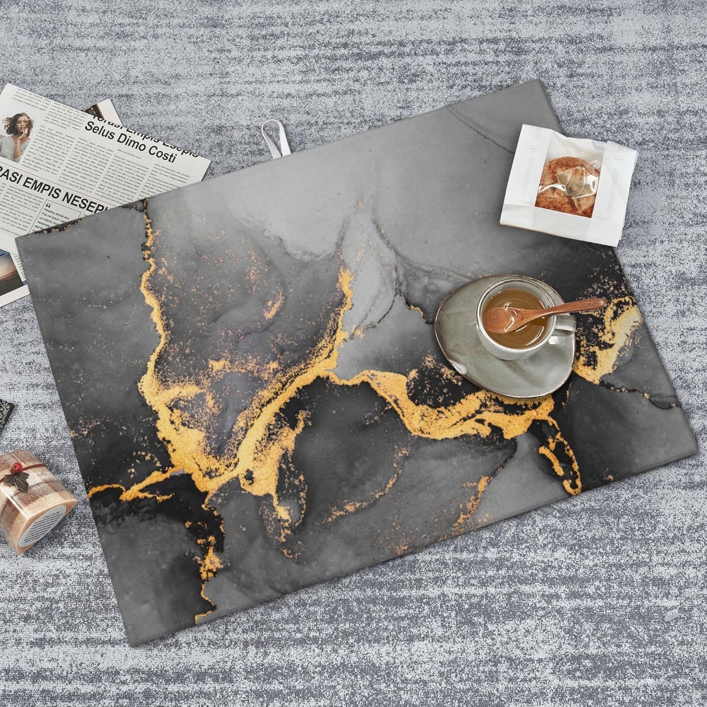 Black Gray Gold Marble Kitchen Drying Mat Abstract Modern Microfiber Dish Drainer Mat for Kitchen Counter Absorbent Reusable Washable 18x24 Inch