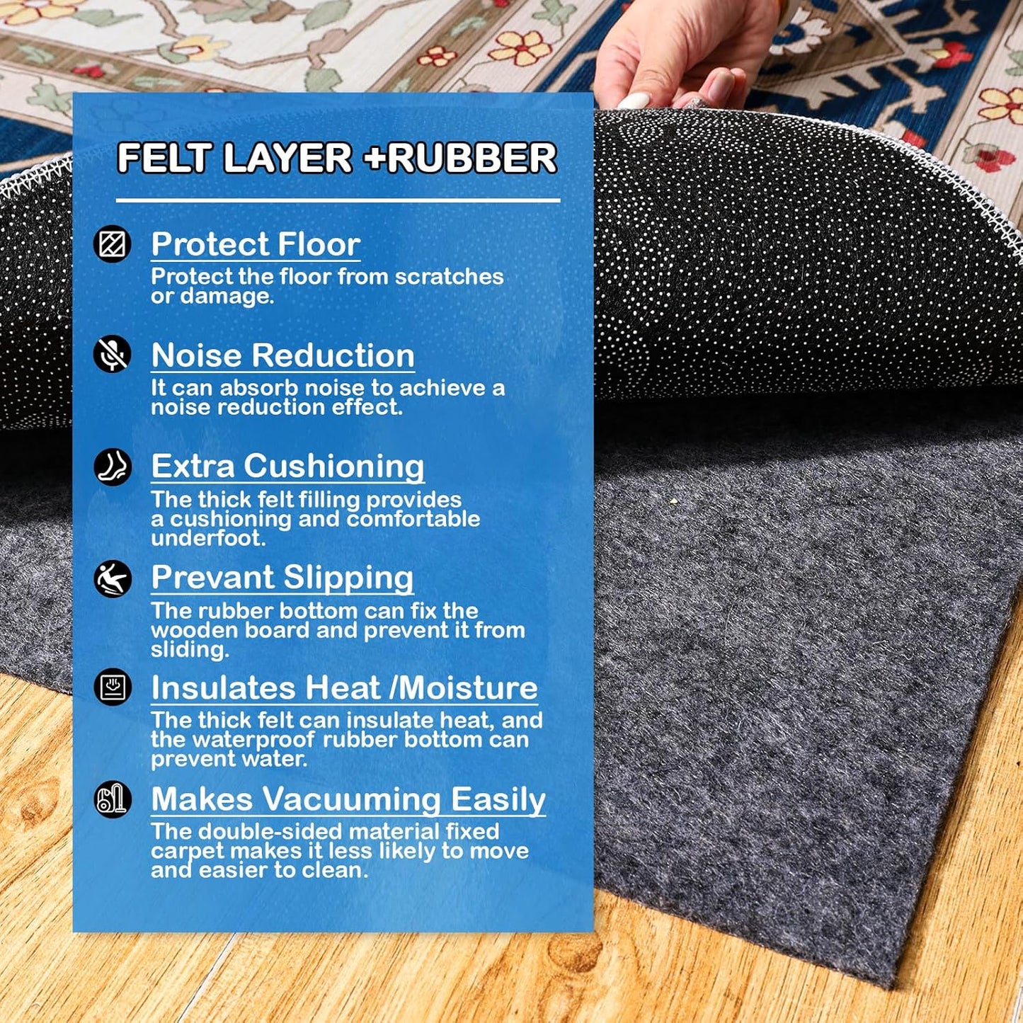 Non-Slip Rug Pads 1/4” Thick, 2x8Ft Waterproof Rugs Non Skid Rug Pad for All Floors and Finishes Durable Hardwood Floor Protective Felt Keeps Rugs in Place, Safe and Secure