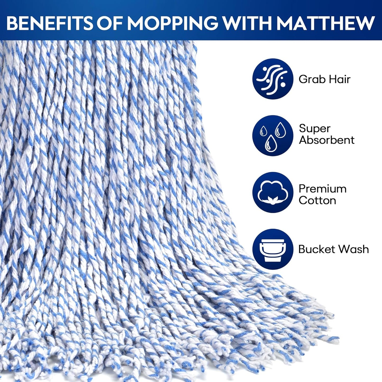 MATTHEW CLEANING Looped-Open Cotton Wet Mop 1.25'' Universal Headband Heavy Duty Commercial Mop Head Replacement for indoor and outdoor Use,Grease Stain Floor Cleaning String Mop Head Refill Pack of 3