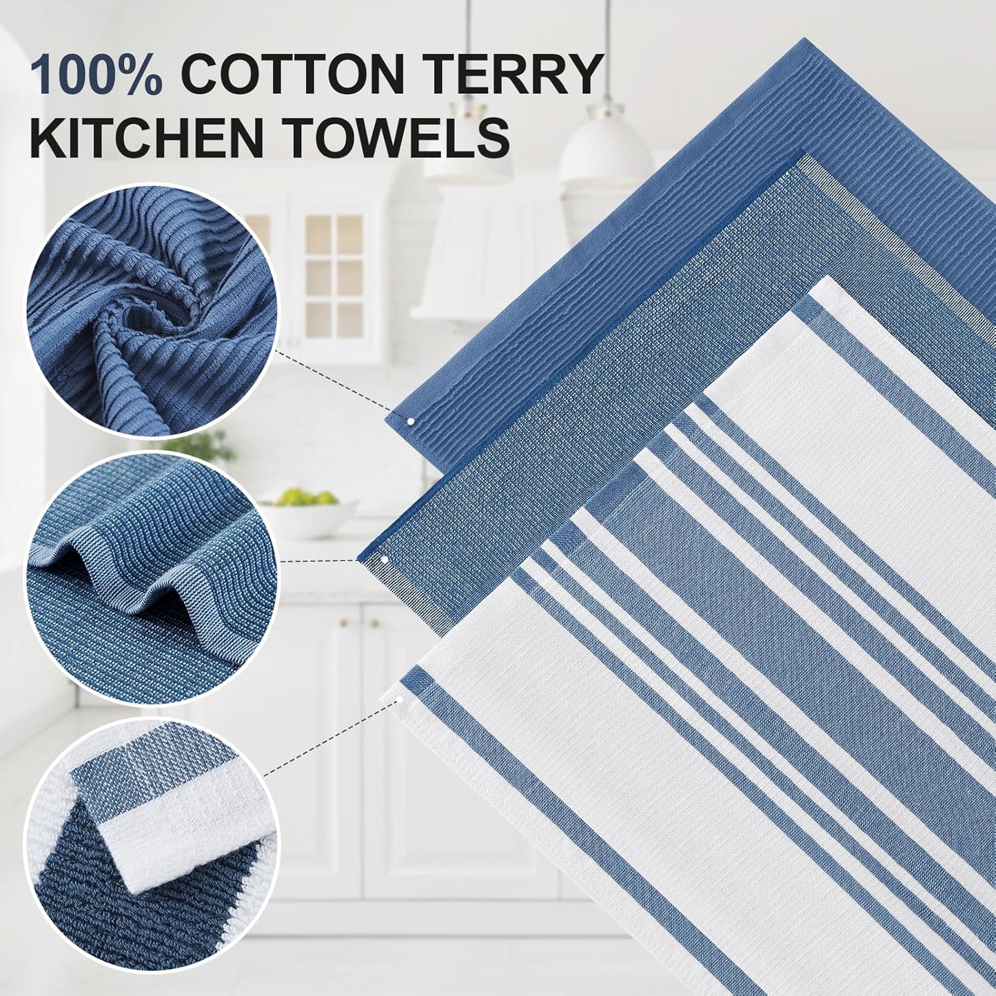 Homaxy Premium Kitchen Towels(18”x 28”, 9 Pack), Large Cotton 380 GSM Kitchen Hand Towels, Soft and Absorbent Terry Dish Towels, Multipurpose Tea Towel Set with Hanging Loop, Navy Blue