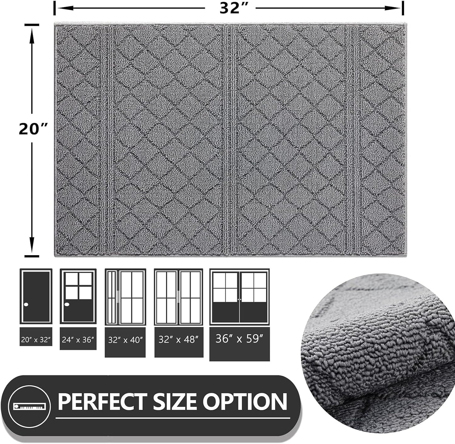 REFETONE Indoor Doormat, Front Back Door Mat 20"x32" Absorbent Rubber Backing Non Slip Door Mats, Low-Profile Resist Dirt Entrance Rugs, Machine Washable Door Rug Inside Floor Mat for Entryway, Grey