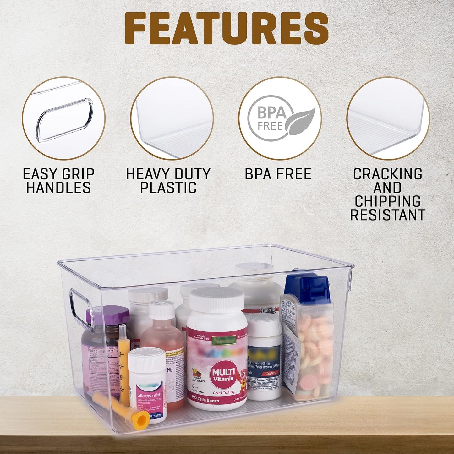 Clear Plastic Storage Bins, Pantry Organizers and Storage Containers Fridge Organizer Bins Kitchen Cabinet Organizer for Organizing Home, Bathroom, Freezer, Refrigerator. (10 x 7.3 x 5)