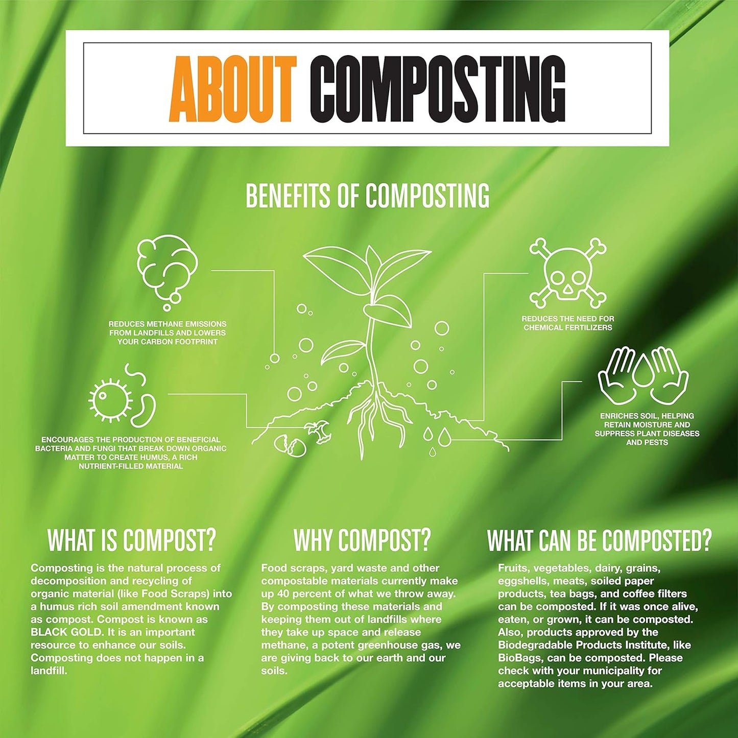 BioBag (USA) The Original Compostable Bag, 8 Gallon, 500 Count, 100% Certified Compostable Trash Bag Liners for Food Waste, Extra Strong and Durable