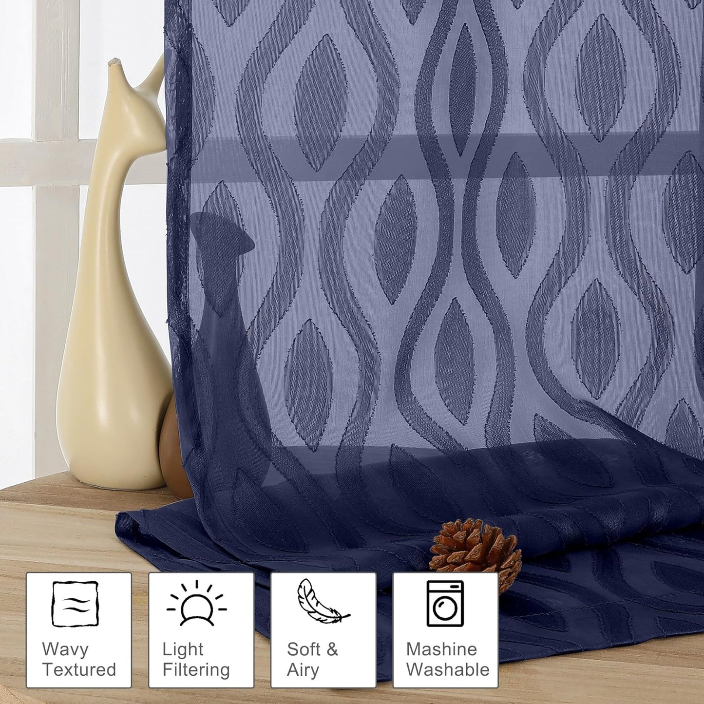 Aiyufeng Navy Blue Curtains 72 Inches Long 2 Panels Set, Elegant Light Filtering Transparent Curtain Draperies for Bedroom Living Room, Classic Clip Solid Wavy Line Door Curtains, 40" Wx72 L Inch