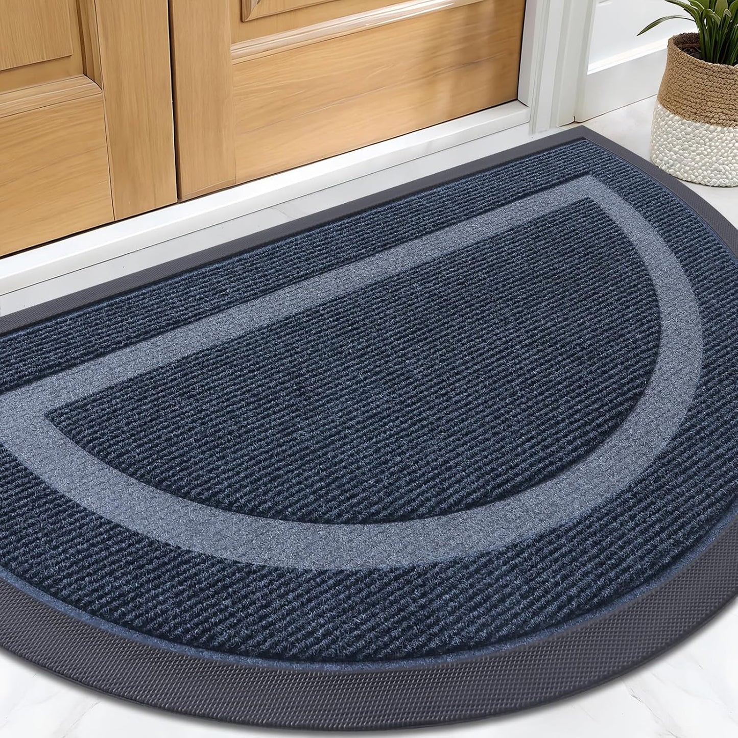 OLANLY Half Circle Door Mat Indoor Outdoor Entrance Welcome, Waterproof All-Season, All-Weather Doormat, Sturdy Natural Rubber, Low Profile, Easy Clean Patio Porch Entryway Mat, 29.5x17, Blue