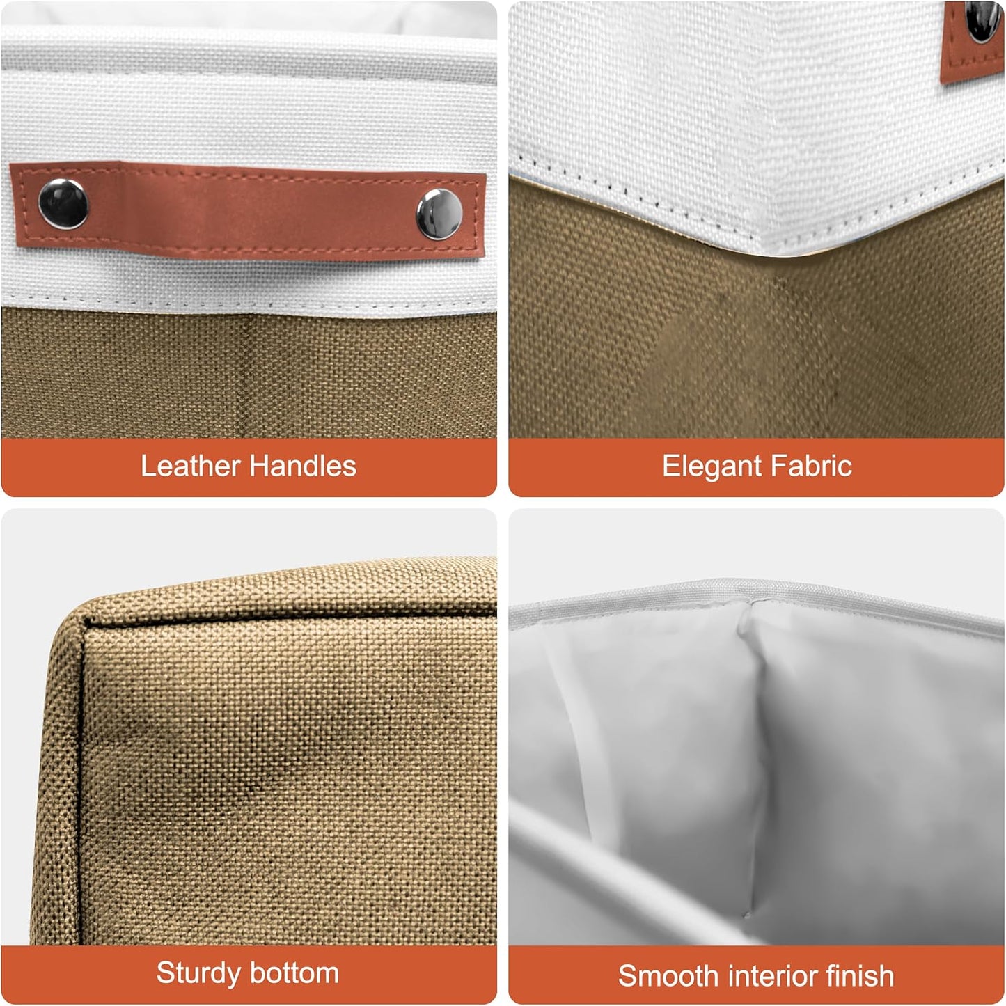 13in Open Fabric Storage Basket with Leather Handles for Organizing, Collapsible Linen Closet Bins for Shelves, Closets, Laundry, Decorative Basket for Gifts. (White＆Brown, 3PCS/13x13in)