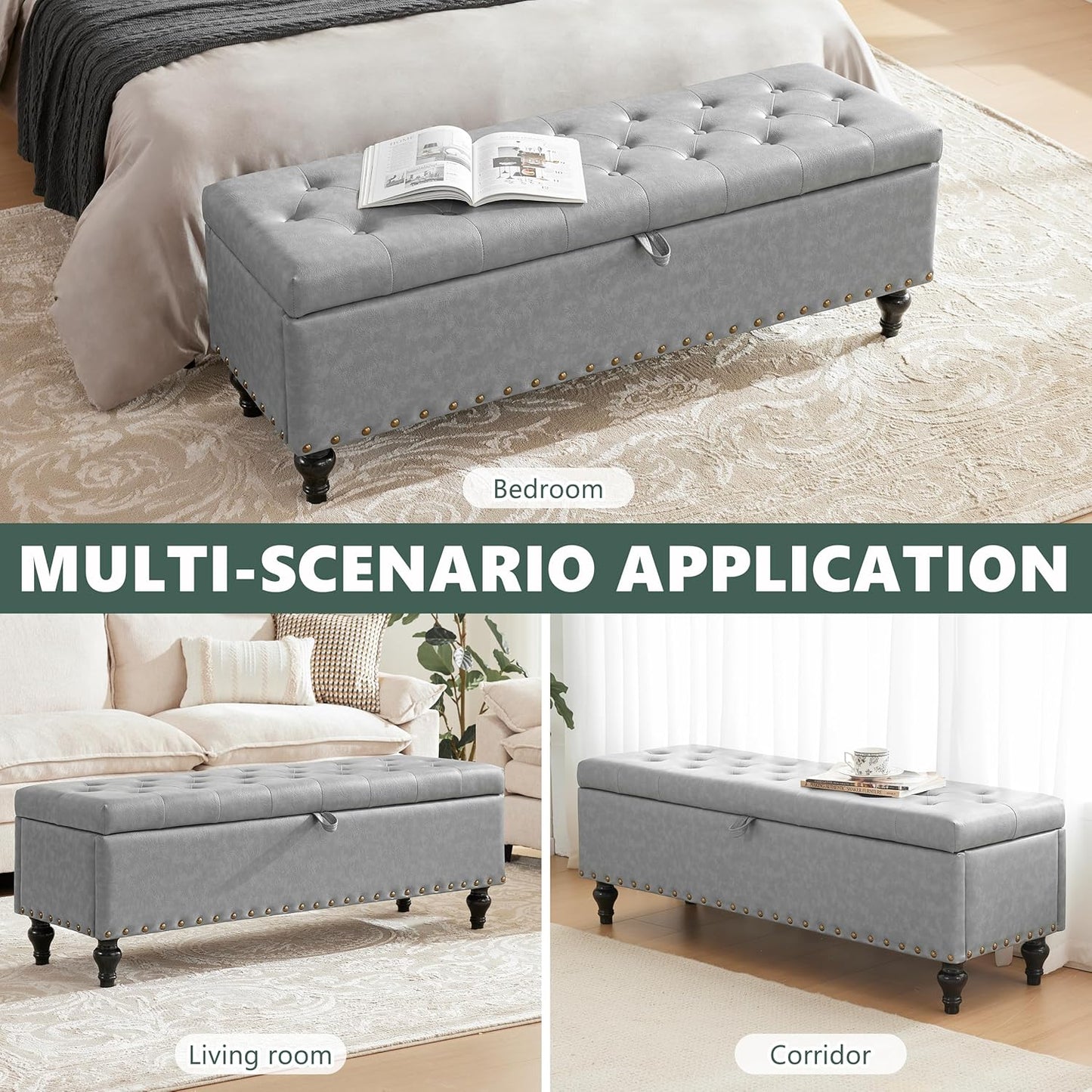 50" Storage Ottoman Bench, Tufted Ottoman with Storage for Living Room, Large End of Bed Ottomans, Modern Entryway Benchs, Window & Bedroom Benches for Foot of Bed (AshGray)