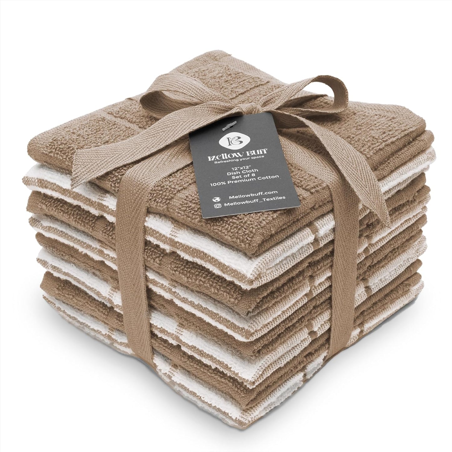 100% Cotton Terry Dish Cloth & Dish Towel, 6 Pack, Super Soft and Absorbent Kitchen Towels, Perfect for Kitchen Cleaning and Dish Washing (TAN (Solid and Checks) 8 Pack)