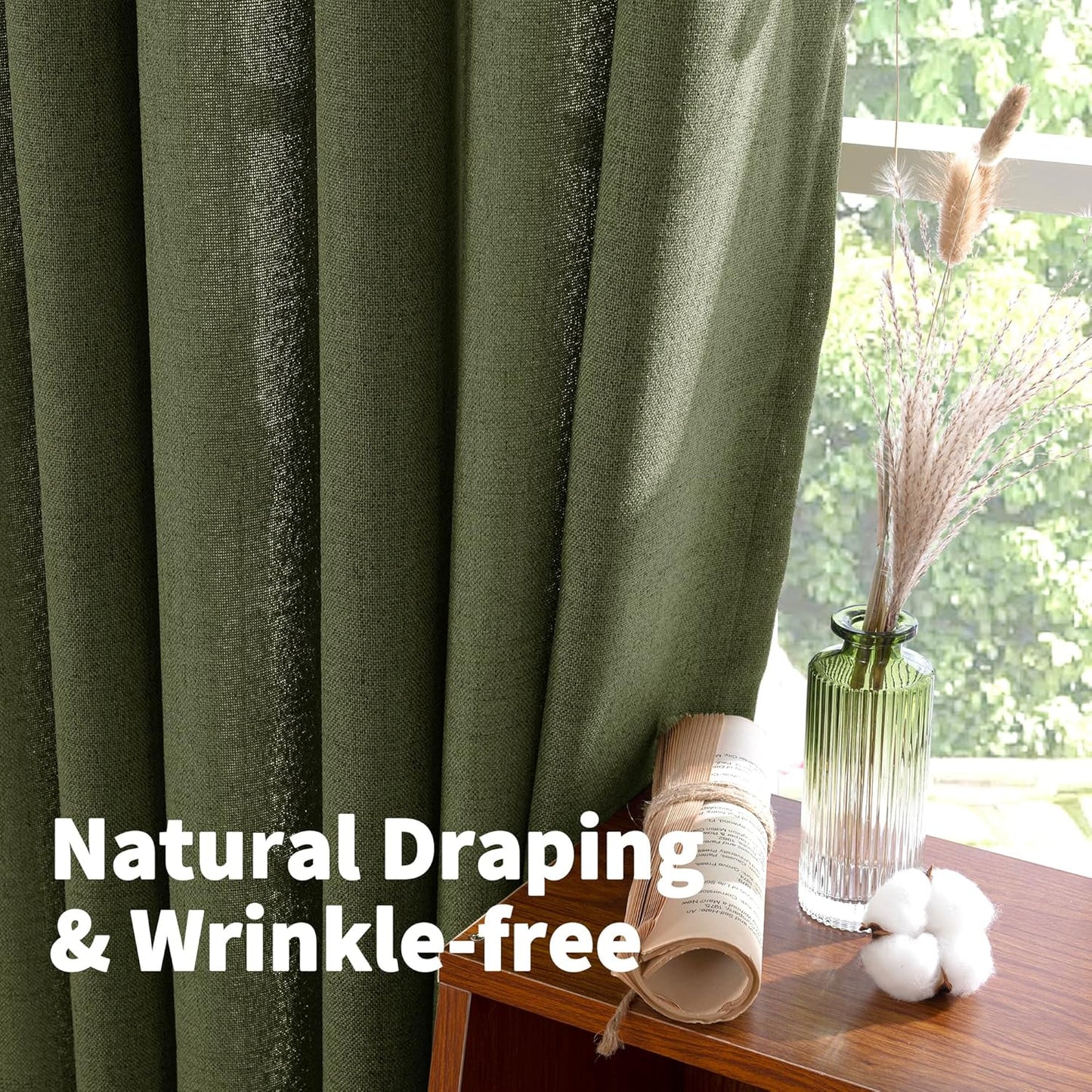 YoungsTex Olive Green Linen Curtains 40 Inch Length for Kitchen Window, Short Semi Sheer Drapes Textured Light Filtering with Rod Pocket Back Tab for Cafe Bathroom, 2 Panels, 42 X 40 Inch