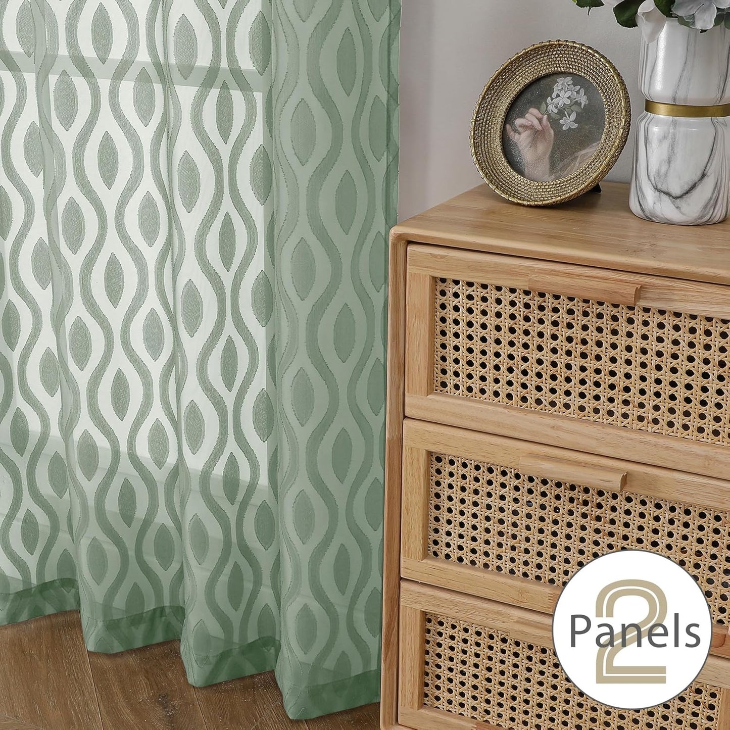 Aiyufeng Green Valance Curtains 14 Inch Length, Chic Wavy Line Clip Jacquard Sheer Curtains for Basement Bathroom Small Curtain, Lightweight Solid Rod Pocket Small Window Curtains, 2 PCS, 40Wx14L Inch