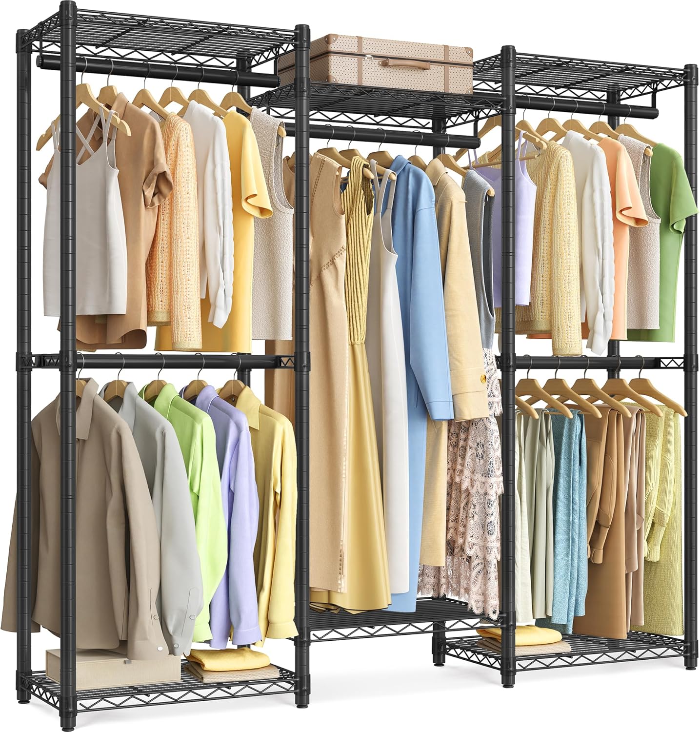 SONGMICS Heavy-Duty Clothes Rack, Garment Rack, Portable Closet, 56.9-Inch Wide Clothing Rack, with Adjustable Mesh Shelves and Hanging Rails, Ink Black ULGR432B01