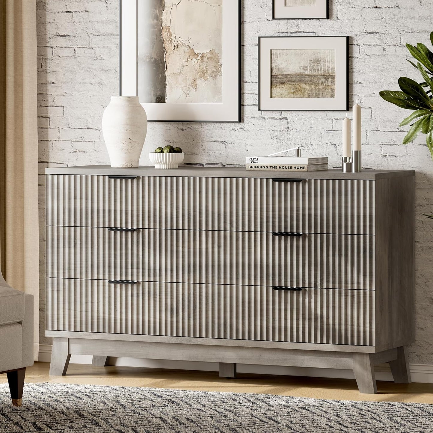 Fluted Dresser with 6 Drawers, 54" Wide Modern Chest of Drawers with Metal Handle, Wooden Dresser TV Stand, Wood Closet Clothes Storage Organizer for Bedroom, Living Room, Hallway, Light Grey