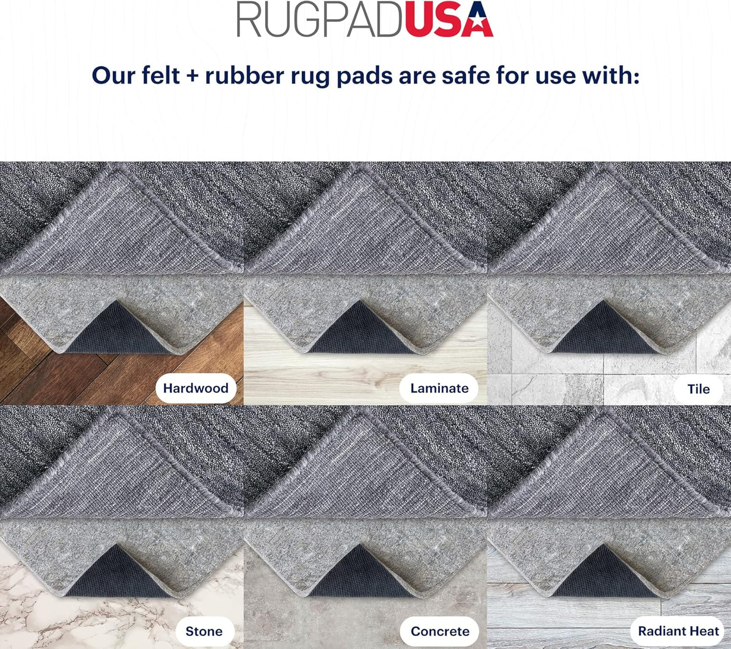 RUGPADUSA - Dual Surface - 6'x8' - 3/8" Thick - Felt + Rubber - Enhanced Non-Slip Rug Pad - Adds Comfort and Protection - for Hard Surface Floors