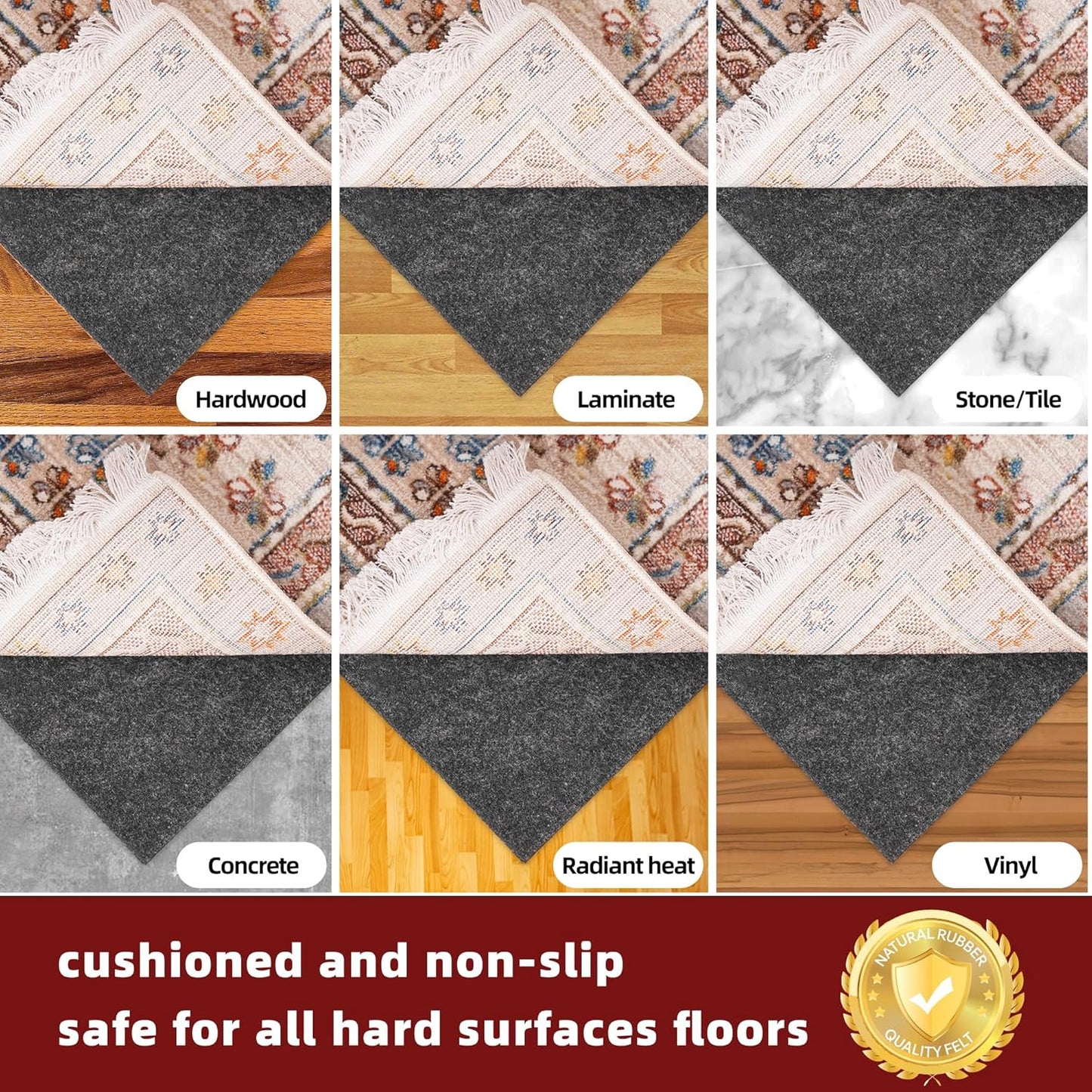 BAGAIL Felt and Natural Rubber Backing Rug Pads 1/4” Thick, 2 x 6 Ft Non Slip Carpet Gripper Keep Rugs in Place, Under Area Rug Protective Cushioned Pads, Carpet Runners, Hardwood Floors Protection