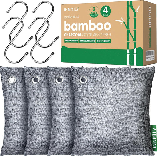 Activated Charcoal Odor Absorber,Large 4x500g w Hooks Nature Odor Eliminator for Strong Odor,Bamboo Charcoal Air Purifying Bags,Moisture Absorbers for Fresh Home Car Closet Pet,Smoke Room Deodorizer