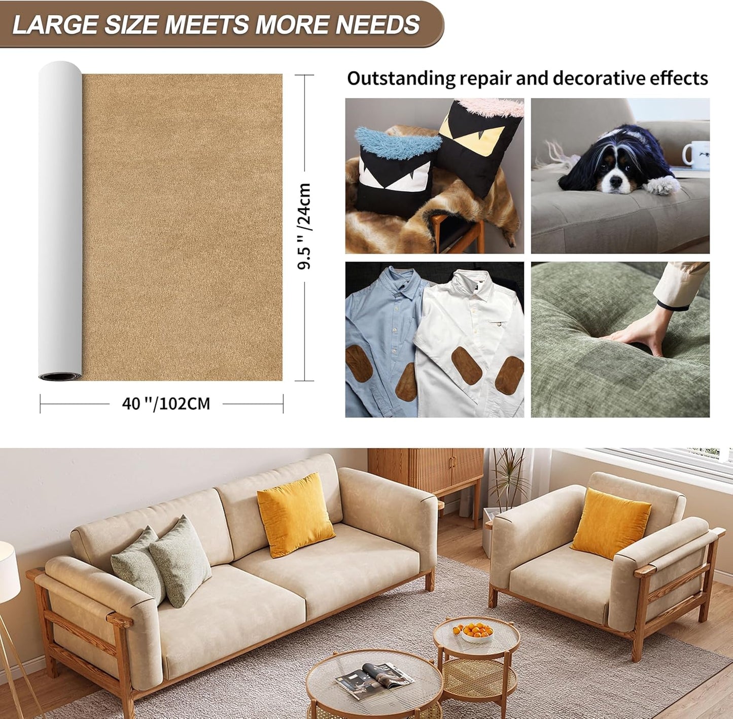 Velvet Repair Patch, Self-Adhesive Flannel Fabric Patch, Multi Colors, Microfiber Patch，Can be Used to Patch Sofas, Car Seats, Handbags, Jacket Holes and Tears (Beige)