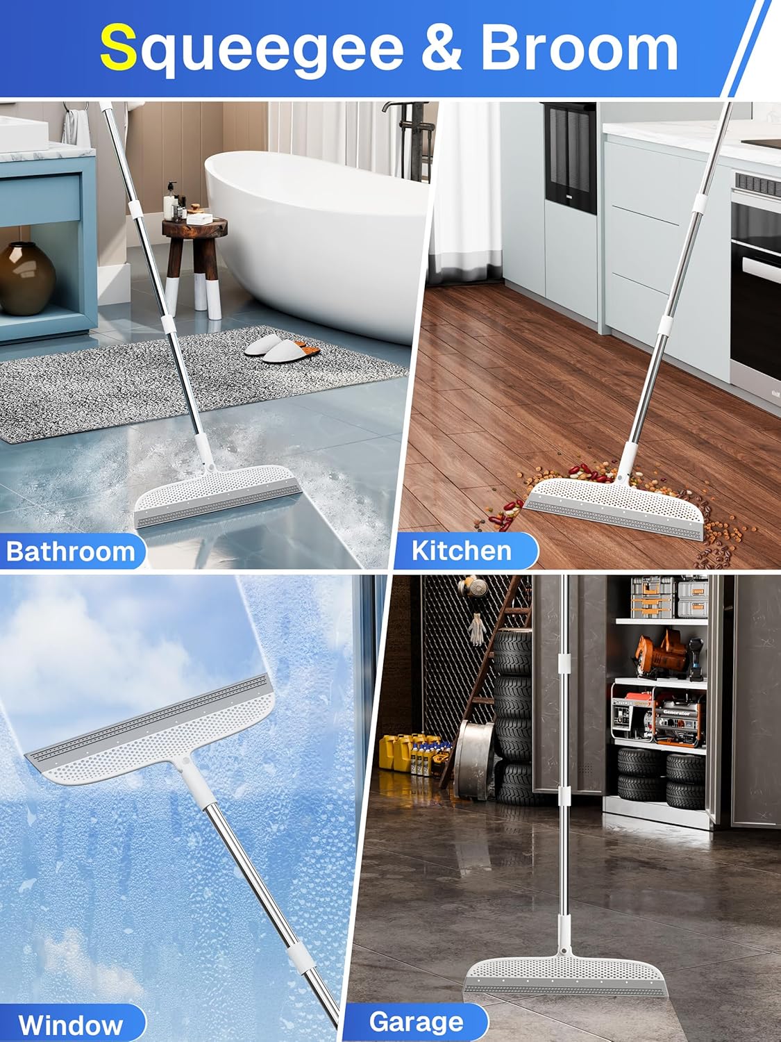 Silicone Floor Squeegee & Broom – Long Handle Hair Remover for Water, Pet Hair – for Bathroom, Tile, Concrete, Garage, Deck, Glass – Indoor Outdoor Cleaning Tool – White (15.7 inch)