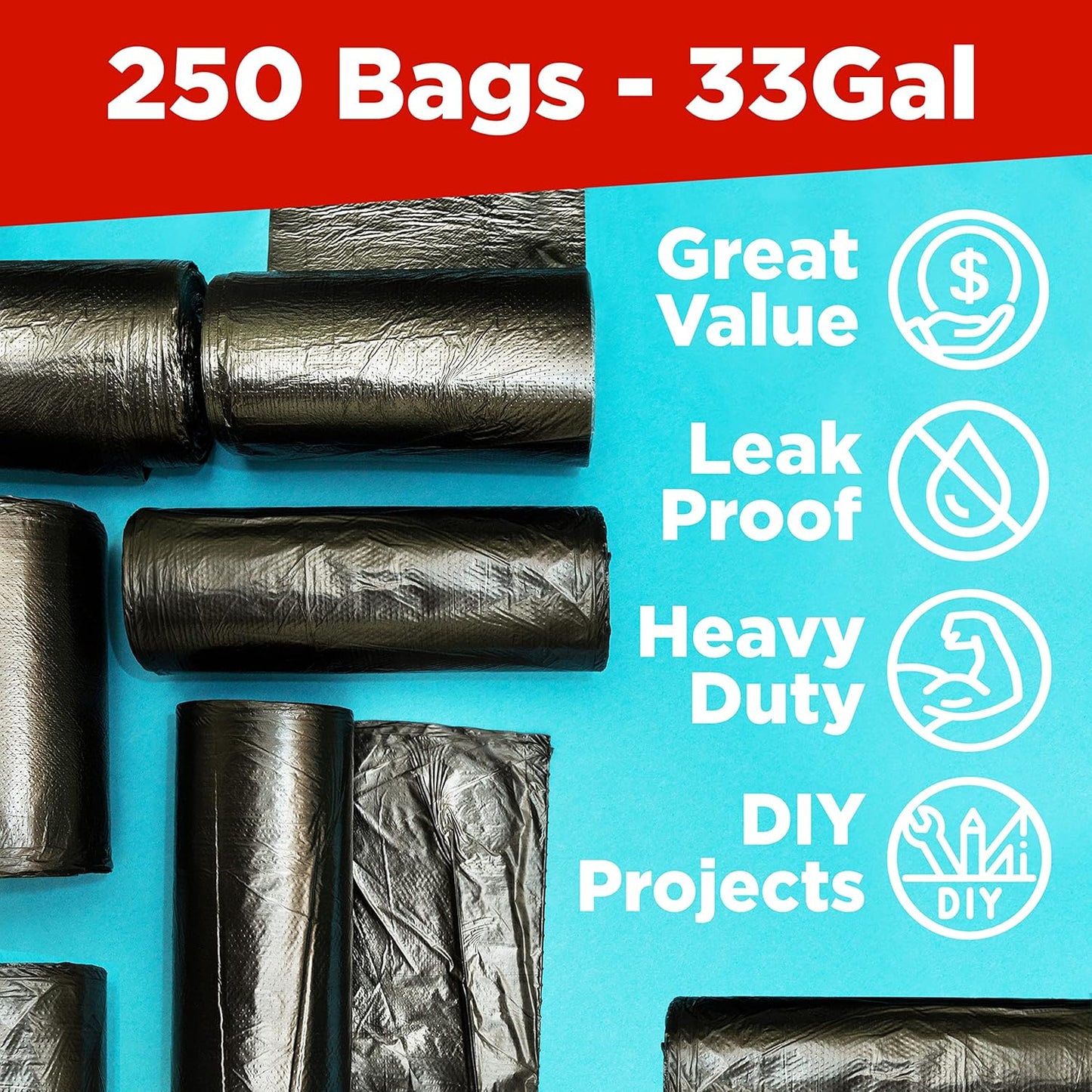 ToughBag 30-33 Gallon Trash Bags Heavy Duty, 32 x 38" Black Garbage Bags (250 COUNT) – 30+, 32 Gallon Trash Bags - Made In USA