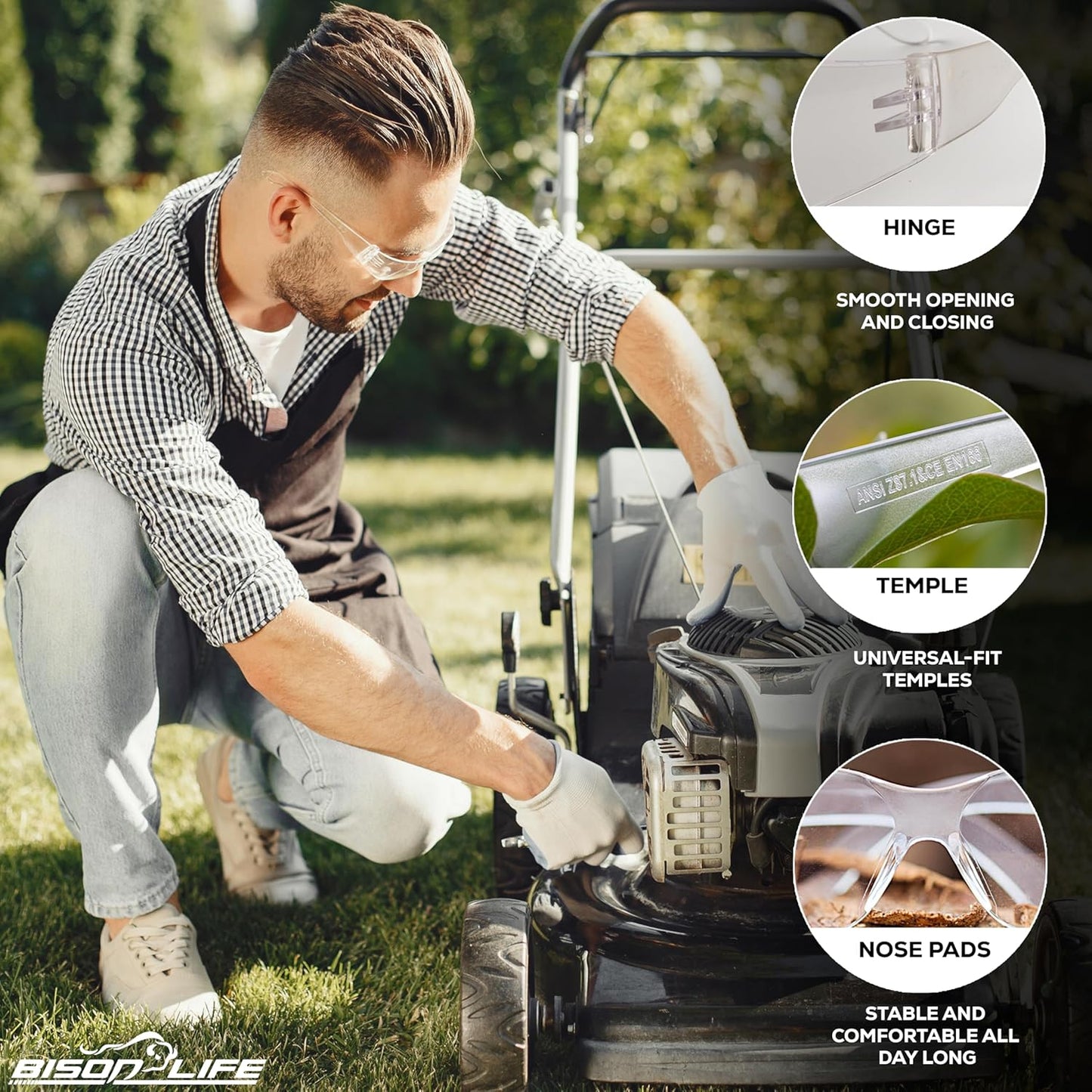 BISON LIFE Safety Glasses - Scratch Resistant Wrap Around Eyewear, Polycarbonate ANSI Z87.1 Impact Resistant Lens