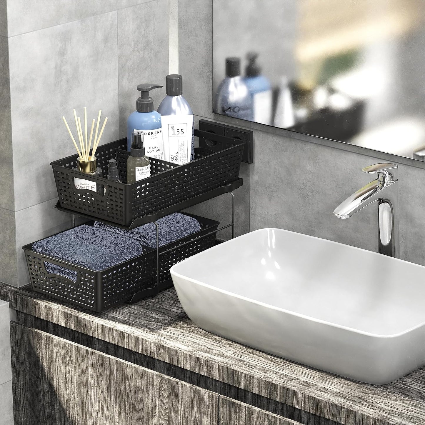 Simple Houseware 2 Tier Bathroom Organizer Tray Pull-Out Sliding Drawer/Under-Sink Storage, Black