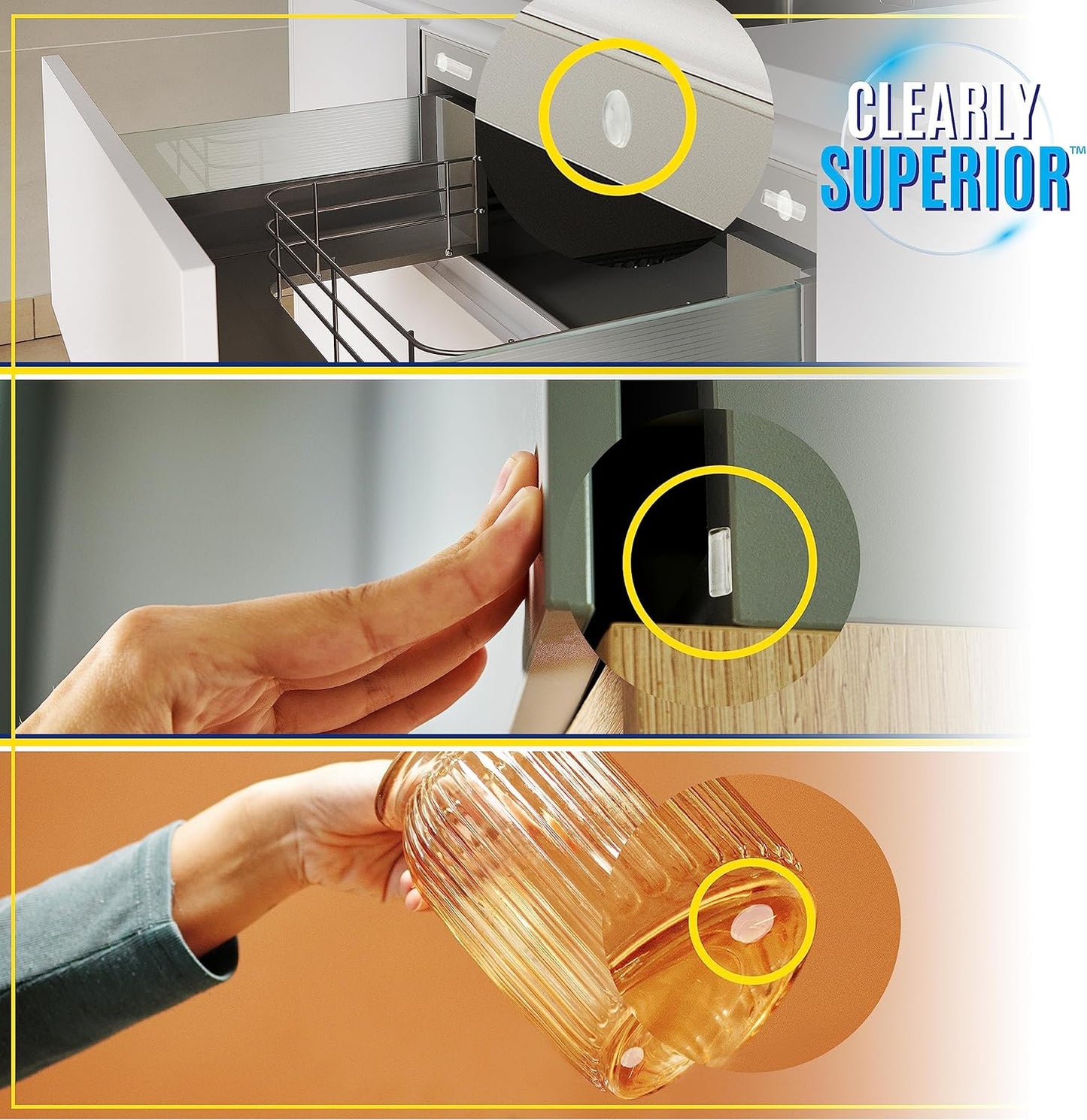 12-Pack Clearly Superior Gel Bumpers. Small Rectangle 1.5" x .5" Protects Surfaces & Quiets Contact. Use on Furniture, Doors, Cabinets, Walls & Appliances. Self Adhesive, Just Press to Apply