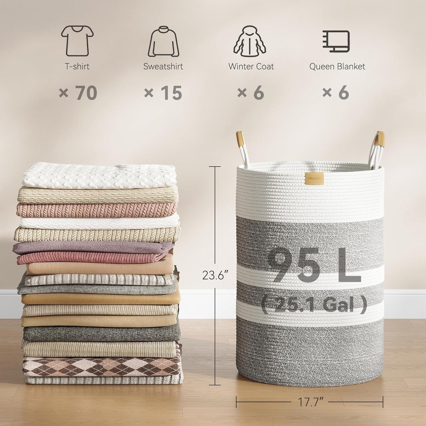 95L Striped Laundry Hamper with Leather Handles ,Large Foldable Laundry Basket for Clothes,Cotton Rope Storage Bin for Blankets,Woven Clothes Basket for Bedroom,Gray Stripes