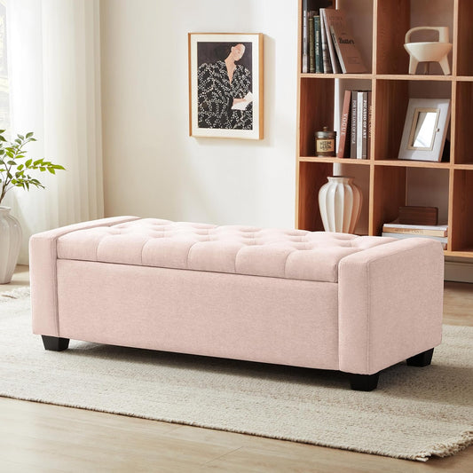 48" Ottoman with Storage, Pink Storage Ottoman Bench with Safety Hinge, Upholstered Entryway Bench with Seating for Bedroom, Living Room, Holds up to 330 lb