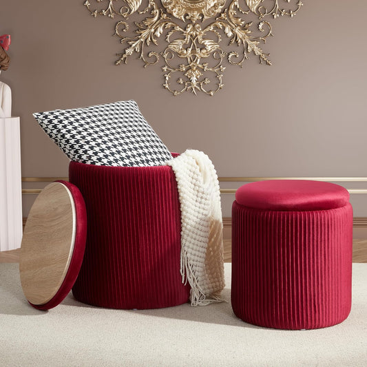 Royal Windsor Round Ottoman with Storage Set of 2,Vanity Stool with Storage for Bedroom, Ottoman Coffee Table,Small Velvet Foot Stool for Living Room, Burgundy